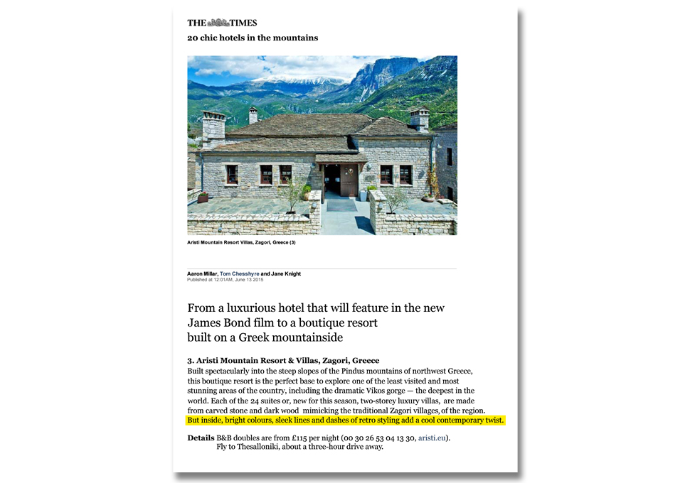 "THE TIMES"  reference to the award winner of National Geographic Lodges "Aristi Mountain Resort" June 2015